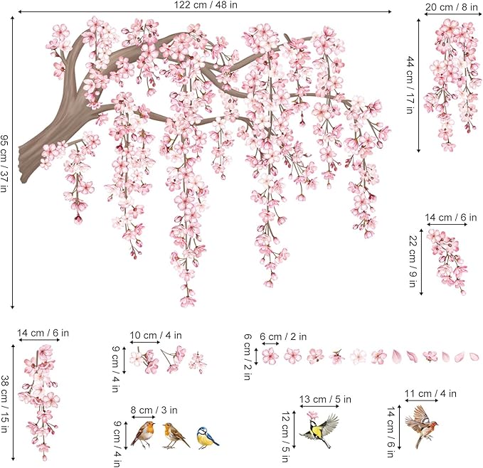 decalmile Large Pink Flower Tree Branch Wall Decals Cherry Blossom Tree Floral Birds Wall Stickers Living Room Bedroom Tv Background Wall Decor