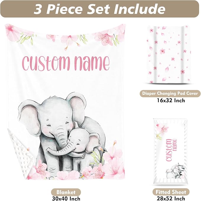 Custom Name Crib Bedding Set 3-Piece – Pink Flower Elephant Design Baby Bedding Set with Personalized Soft Blanket, Fitted Sheet, Changing Pad Cover – Ideal Newborn Gift for Boys and Girls
