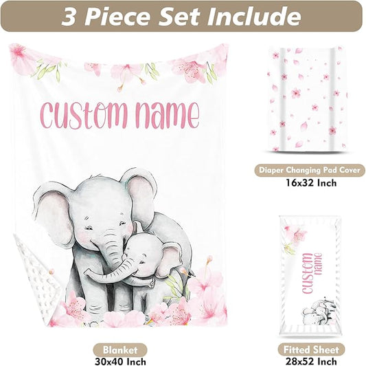 Custom Name Crib Bedding Set 3-Piece – Pink Flower Elephant Design Baby Bedding Set with Personalized Soft Blanket, Fitted Sheet, Changing Pad Cover – Ideal Newborn Gift for Boys and Girls