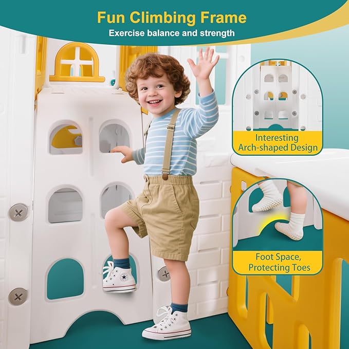 JOYLDIAS 9 in 1 Toddler Slide, Freestanding Kid Climber Slide Playset, Toddler Playhouse with Slide, Basketball Hoop and Climbing Frame, Indoor Outdoor Backyard Playground Toy for Toddlers Age 1-3+