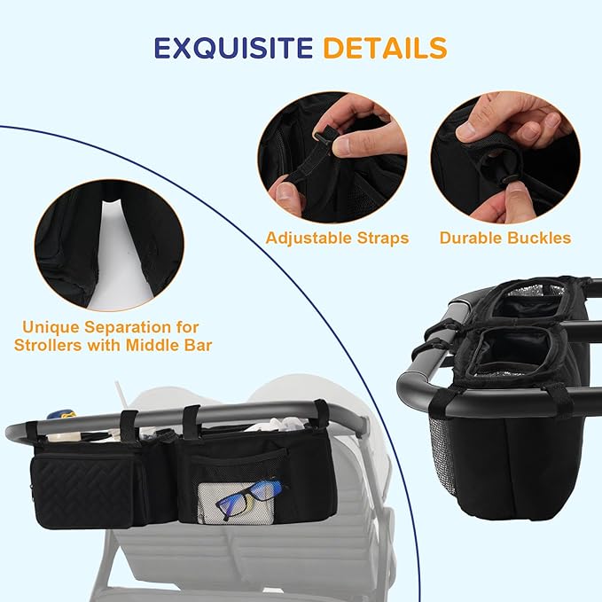 PHOEBUS BABY Double Stroller Caddy Organizer with 2 Insulated Cup Holder, Parent Console Fits for BOB Duallie, Jeep, Baby Jogger City Mini GT2 and UPPAbaby, Double Jogging Stroller Accessories
