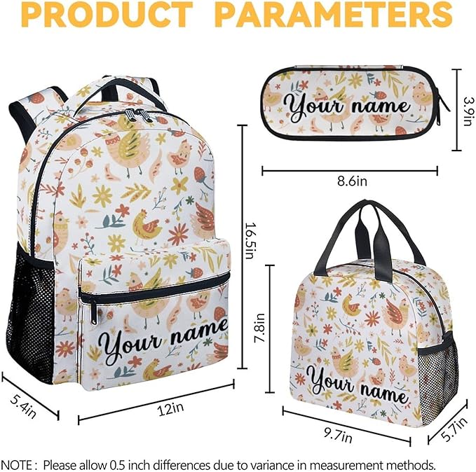 COOPASIA Personalized Chicken Backpack with Lunch Box and Pencil Case, 16 Inch Chicken Theme Bookbag with Adjustable Straps, Lightweight, Durable, Large Capacity, School Backpack for Girls Women