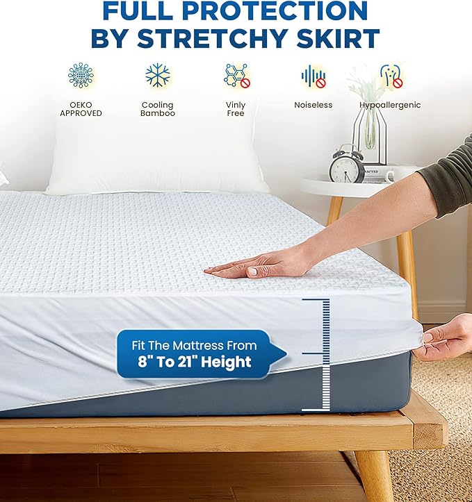 Premium 100% Waterproof Twin XL Mattress Protector Breathable Cooling 3D Air Fabric Mattress Cover Smooth Soft Hypoallergenic Noiseless Bed Cover Machine Washable Vinyl Free 8-21'' Deep Pocket