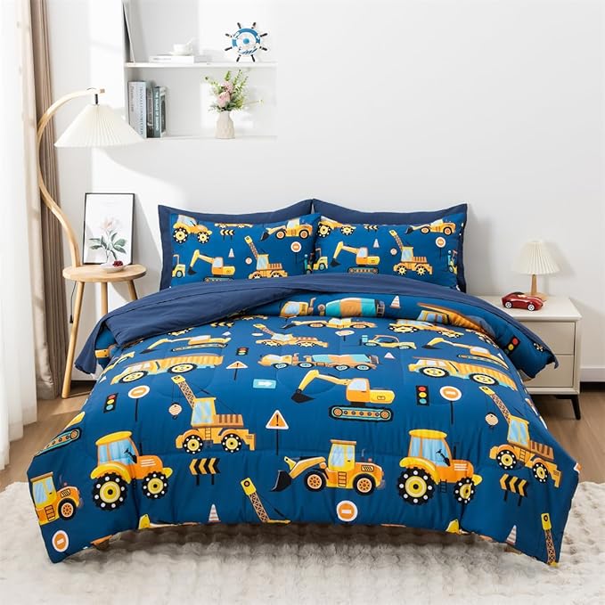 NTBED 5 Pieces Construction Truck Full Comforter Set for Boys Kids Bed in a Bag Vehicles Excavator Lightweight Microfiber Bedding Sets,Blue
