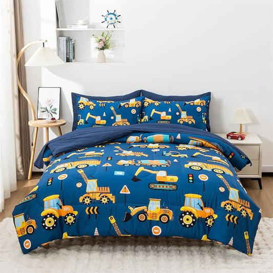 NTBED 5 Pieces Construction Truck Full Comforter Set for Boys Kids Bed in a Bag Vehicles Excavator Lightweight Microfiber Bedding Sets,Blue