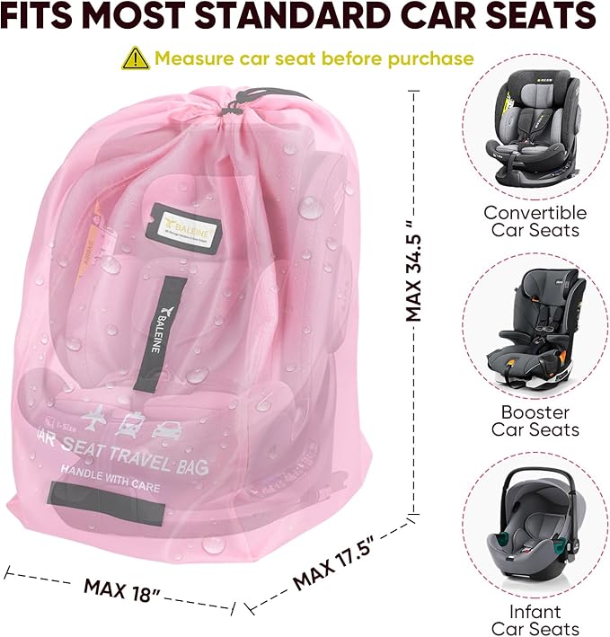 BALEINE Car Seat Travel Bag for Airplane, Water-Resistant Car Seat Bags for Air Travel, Foldable Cover with 3 Handles, Fits Toddler Carseat, Convertible and Booster Seats (Pink)