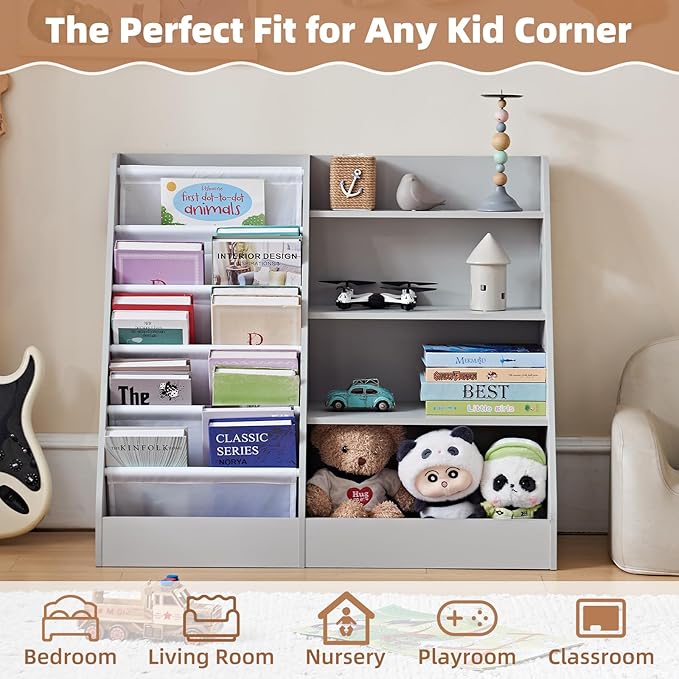 Lerliuo 4 Tier Kids Bookshelf and Storage Organizer, Five Layer Sling Children Bookcase, Baby Toddler Wooden Book Shelf, Display Cabinet for Playroom, Bedroom, Classroom, Nursery, School (Grey)