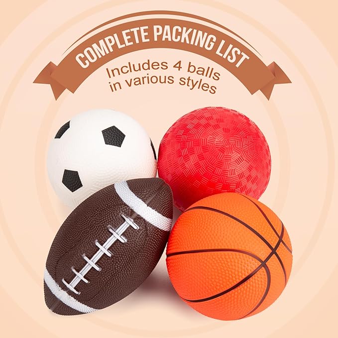 Soft Balls for Toddlers 1-3 3-5, Easy to Grip Toddler Toys 4 Pack 5" Small Balls with Pump - Mini Football Soccer Basketball Dodgeball - First Birthday Gift or Stocking Stuffers for Babies Boys Girls