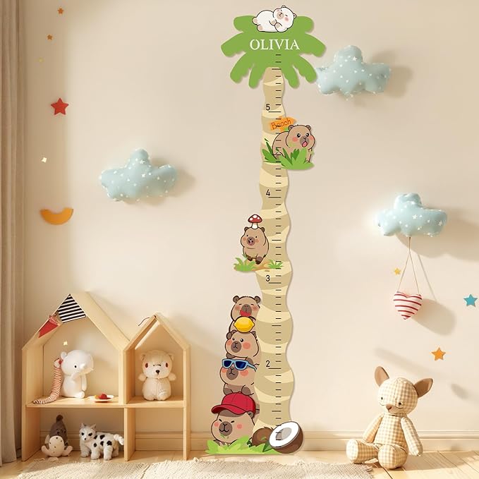 Personalized Name Wooden Growth Chart for Kids – Cute Capybara Height Chart for Kids, Kids Measuring Ruler for Nursery, Bedroom, Playroom, for Baby Shower, Holiday Gift