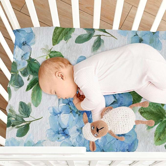 Vintage Blue Hydrangea Crib Sheets Standard Crib Toddler Mattresses Cover Fitted Baby Bed Sheet Breathable Crib Mattress Sheet for Girls Boys 52" x 28"x5''