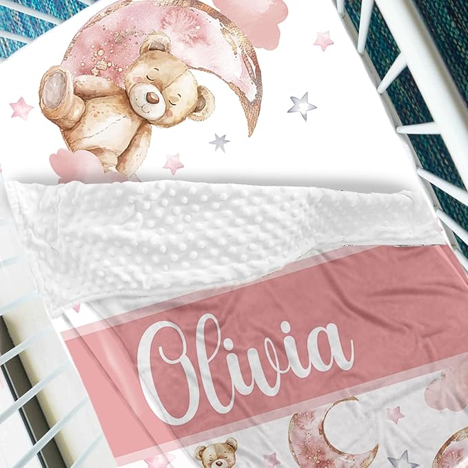 Personalized Crib Bedding Set, Toddler Pink Bear Theme Set with Name, 2 Pcs Baby Crib Set for Infant Babys, Comfort Double Layer Blanket and Crib Sheet, Newborns Gifts for Baby Girls