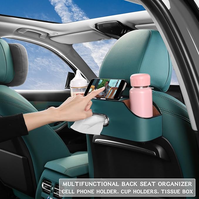 HALOYIVGO Car Seat Back Organizer - Stylish & Functional Storage for Family Adventures - Cup Holders, Tissue Box & Hooks - Perfect for Kids, Road Trips & Travel (Navy Blue)
