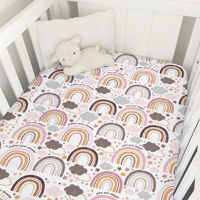 Colorful Boho Rainbow Baby Crib Sheet 52''x28'' Cute Rainbow Clouds Stars Fitted Crib Mattress Cover for Boy Girl Soft Bed Sheet for Standard Size Crib and Toddler Mattresses