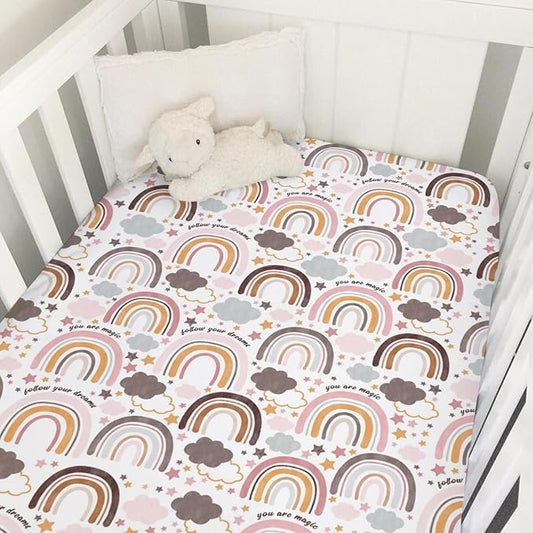 Colorful Boho Rainbow Baby Crib Sheet 52''x28'' Cute Rainbow Clouds Stars Fitted Crib Mattress Cover for Boy Girl Soft Bed Sheet for Standard Size Crib and Toddler Mattresses