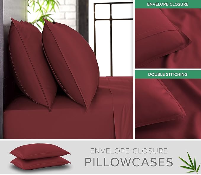 Pure Bamboo Queen Sheets, Genuine 100% Organic Viscose Derived from Bamboo Bed Sheet Set, Luxuriously Soft & Cooling, Double Stitching, 2 Year Quality Promise (Queen, Merlot)