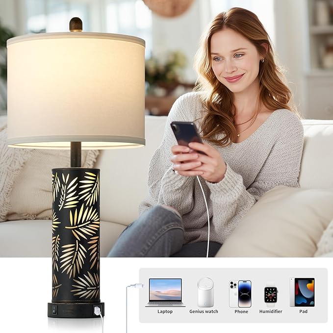 Cinkeda Set of 2 Rustic Table Lamps for Living Room Bedroom, Vintage Farmhouse Nightstand Lamp with 2 USB Ports, Hollow Out Black Metel Lamp for End Table with Nightlight (Retro Black)