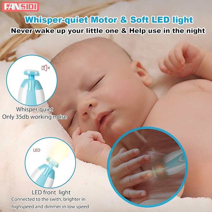 FANSIDI Baby Nail Trimmer Electric – Easy & Safe Baby Nail File Kit, Quiet LED Light, Multiple Speeds & Pads for Newborns, Infants, Toddlers & Adults, Perfect Baby Shower Gift