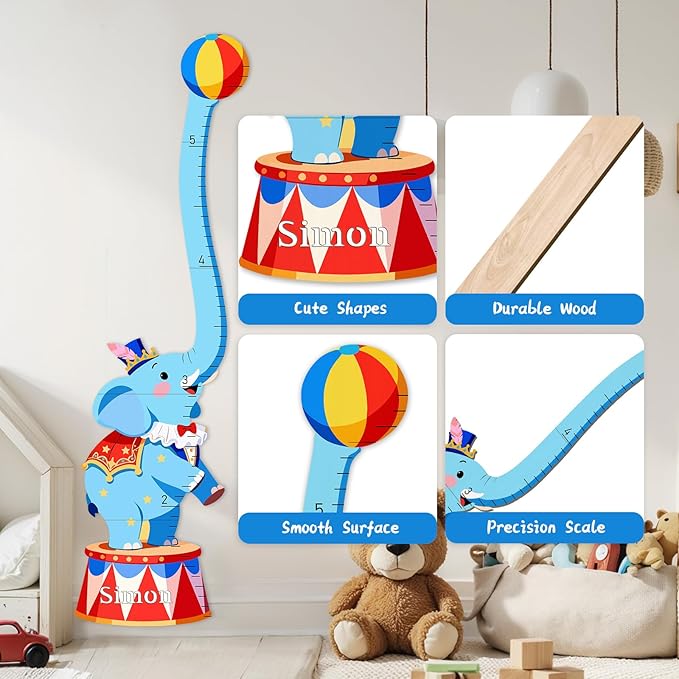 Woodemon Personalized Name Kids Growth Chart Wall, Circus Elephant Wooden Height Chart for Kids, Height Measurement for Wall Kids Room Nursery Wall Decor