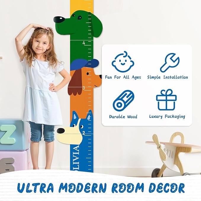 Woodemon Personalized Name Growth Chart for Wall, Big Ear Dog Wood Height Chart for Kids, Height Measurement Growth Measuring Ruler, Thoughtful Birthday Gift for Boys and Girls
