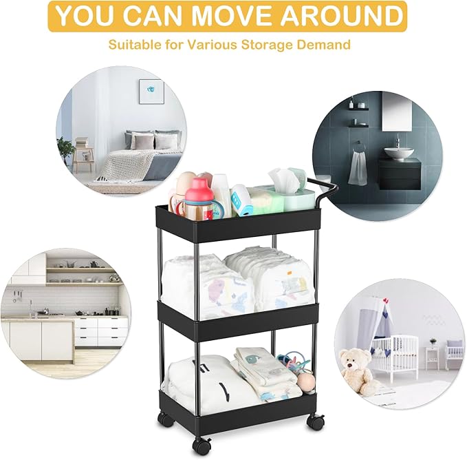 Volnamal Baby Diaper Caddy – Plastic Diaper Organizer for Nursery Essentials, Movable Cart for Changing Table & Crib, Easy to Assemble, Black