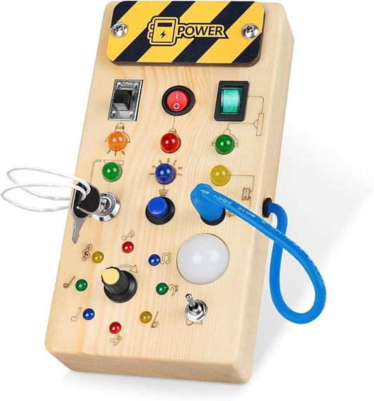 Hoarosall Montessori Wooden Busy Board with 8 LED Light switches, Sensory Toys Light Switch Travel Toys for 1+ Year Old Baby and Toddler
