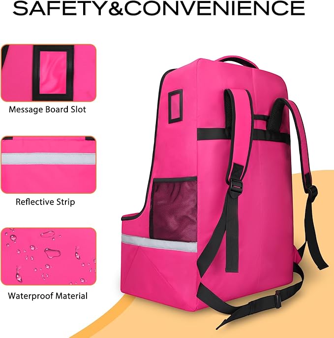 LARIPOP Car Seat Travel Bag for Airplane,Infant Seat Travel Bag with Shoulder Strap,Padded Car Seats Backpack with Reflective Stripes,Large Carseat Carrier Bag Travel Car Seat Cover,Pink