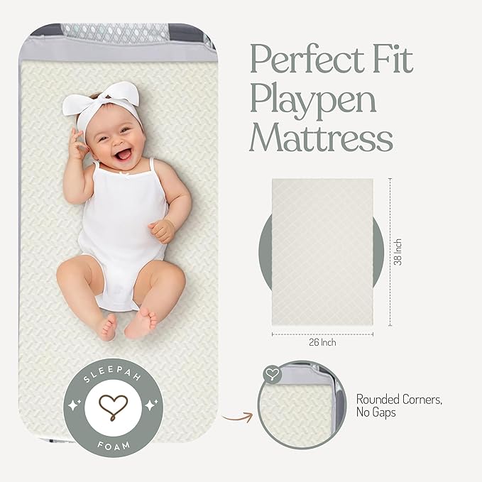 Sleepah Pack and Play Mattress Foam Pad 38 x 26 x 1.5 for Playpen, Portable Playyard Mattress - Soft Waterproof Washable & Removable Cover Breathable Topper