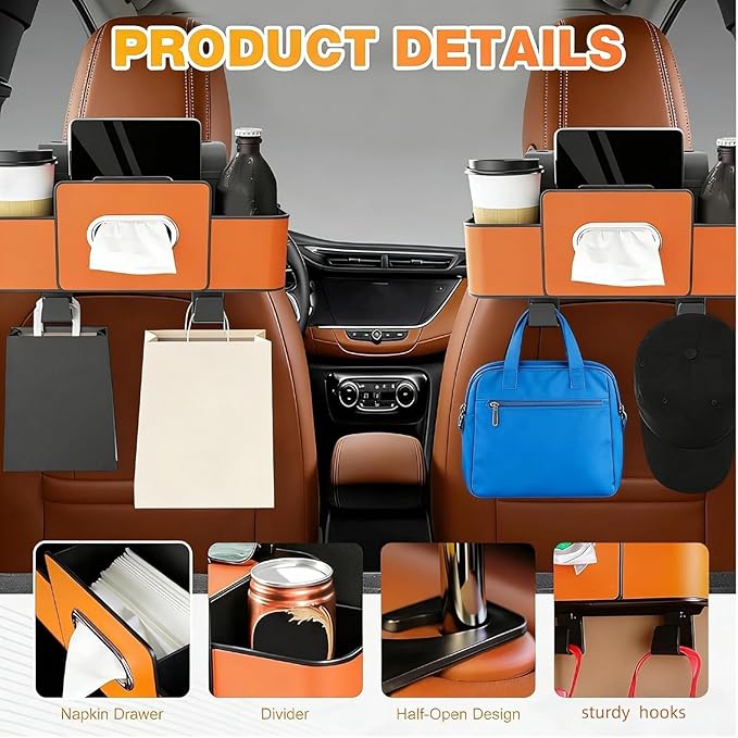 2026 new car breeze organizer ，Car Backseat Organizer Holder，Upgraded Multifunctional Car Storage Box ，Multifunctional Back Seat Car Organizer for Hold Phones, Drinks, Snacks,and Handbags (orange)