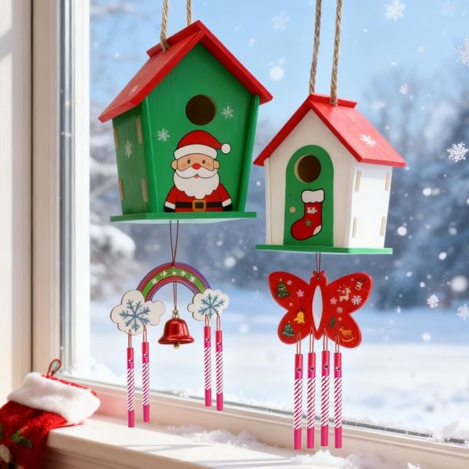 Ladwon Crafts for Kids Ages 4-8 - 4 Pack DIY Bird House Wind Chime Kit - Build and Paint Birdhouses Wooden Arts Kits Easter Basket Stuffers Gifts for Girls Kids Boys Toddlers Ages 3-5 4-6 6-8 8-12