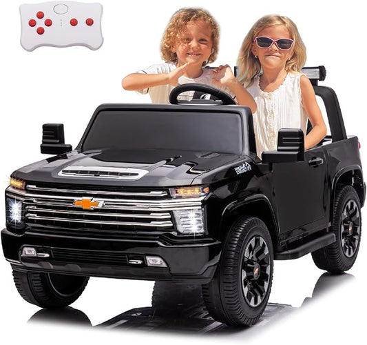 FINITO 24V 4WD Kids Car Licensed Chevrolet Silverado，2 Seater Electric car ，with Parental Remote Control, Music, Bluetooth, for Outdoor Grass, Gift for Kids(Black)