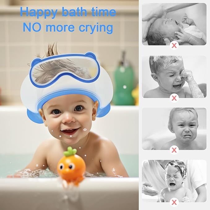 Baby Shower Cap Shield, Shower Cap for Kids, Visor Hat for Eye and Ear Protection for 0-9 Years Old Children, Cute diving goggle Shape Makes The Baby Bath More Fun (Blue)