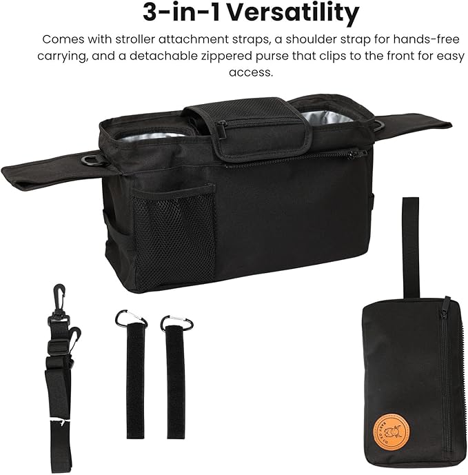 BABY OX CO. Universal Stroller Organizer with Insulated Cup Holders | Detachable Phone/Wipe Pouch & Shoulder Strap Stroller Caddy | Spacious, Fits Jogger, Umbrella, Travel & Pet Strollers