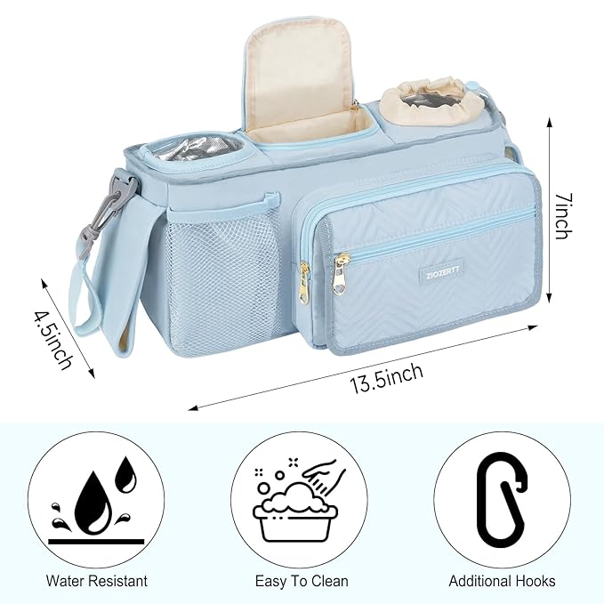 Universal Stroller Organizer with Insulated Cup Holder,Stroller Caddy Bag with Wet Wipes Pocket,Stroller Accessories Fits for Uppababy,Doona,Jogger,Britax,Mompush,BoB Strollers,Blue