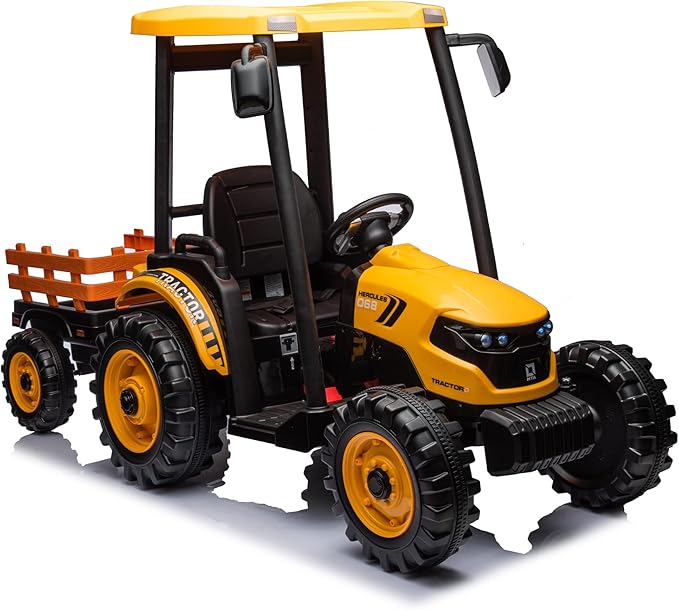 Kidsera 24V Ride on Tractor with Trailer, 4-Gearbox 24volt Dual Motors Metal Frame Battery Powered Electric Tractor Kids Electric Vehicles Power Wheels 24v Ride on Toys for Big Kids (Yellow)