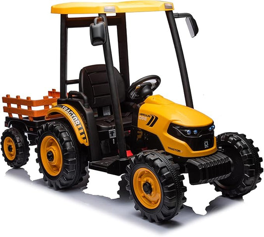 Kidsera 24V Ride on Tractor with Trailer, 4-Gearbox 24volt Dual Motors Metal Frame Battery Powered Electric Tractor Kids Electric Vehicles Power Wheels 24v Ride on Toys for Big Kids (Yellow)