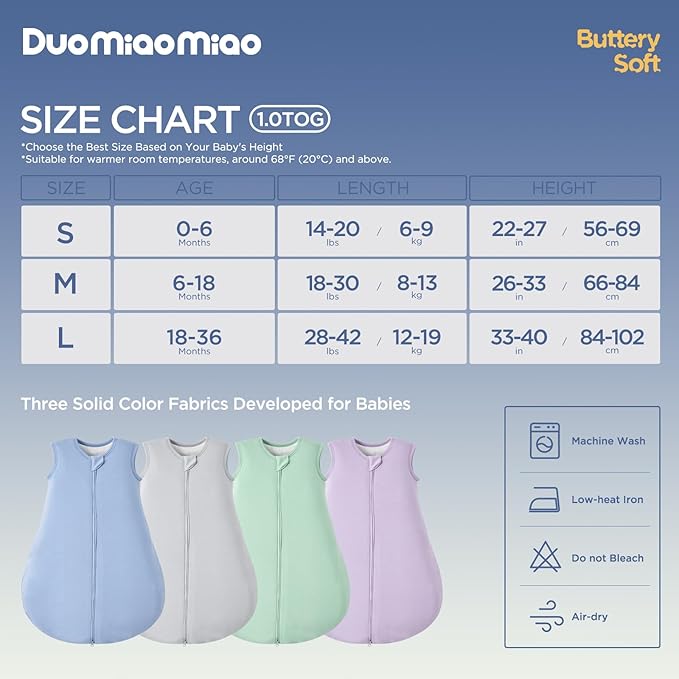 Duomiaomiao 2 Pack Buttery Soft Rayon Made from Bamboo Baby Sleep Sack 0-6 Months 1.0 TOG, Premium Baby Sleeping Bag 2-Way Zipper for Babies