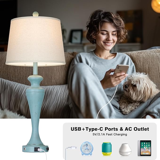 luxeflow 30" Blue Table Lamps Set of 2, Touch Control Coastal Living Room Lamp with USB A+C Ports and AC Outlet, 3-Way Bedside Lamps for Nightstand, Vintage Farmhouse Bedroom Lamp, 2 Bulbs Included