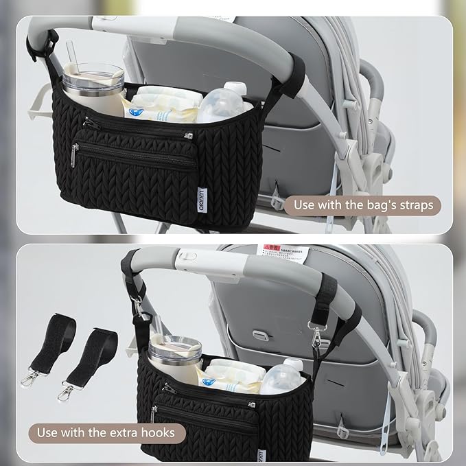 LUKJOJO Stroller Organizer With Insulated Bottle Holder- Universal Fit, Detachable Bag, Fit For Most Of The Stroller And Pet Stroller (Black-B)