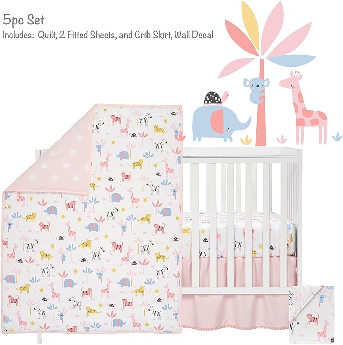 Lambs & Ivy Snuggle Jungle Pastel Safari Cotton Jersey 5-Piece Crib Bedding Set