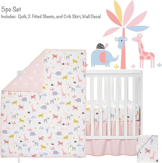 Lambs & Ivy Snuggle Jungle Pastel Safari Cotton Jersey 5-Piece Crib Bedding Set