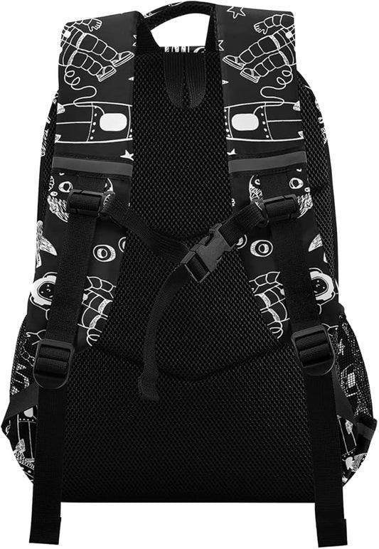 MNSRUU School Backpack with Chest Strap, Cartoon Astronaut Planet And Rocket Laptop Backpack, Travel Hiking Backpack for Boys Girls, Rucksack, Knapsack