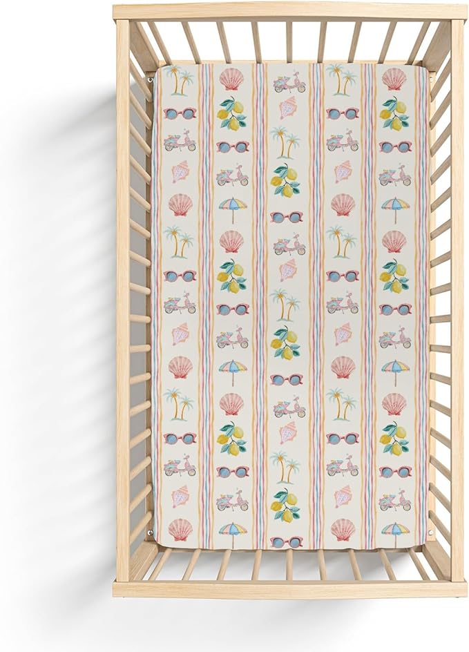 Boho Summer Beach Baby Crib Sheets for Girl 28"x52" Retro Lemon Palm Tree Sunglass Seashells Soft Snug Fitted Crib Mattress Cover Coastal Seaside Baby Sheet for Standard Crib & Toddler Bed Mattress