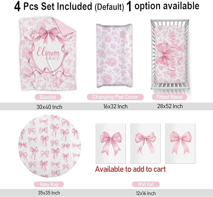 Personalized Baby Crib Bedding Set – Custom Name 4 Pcs Pink Bow Nursery Set with Minky Blanket, Fitted Sheet, Pad Cover & Rug, Soft Bedding for Girls, Ideal Shower Gift for Baby, New Parents