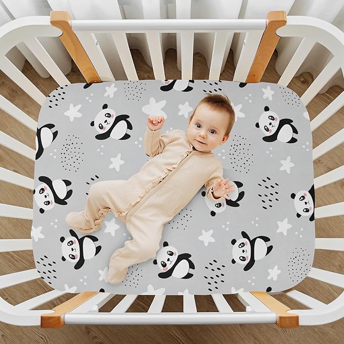 ATTX Fitted Crib Sheet Cartoon Panda Bears Baby Sheets for Standard Crib Toddler Mattress Cover, Soft Microfiber Breathable Mattress Cover,28" x 52" x 9"