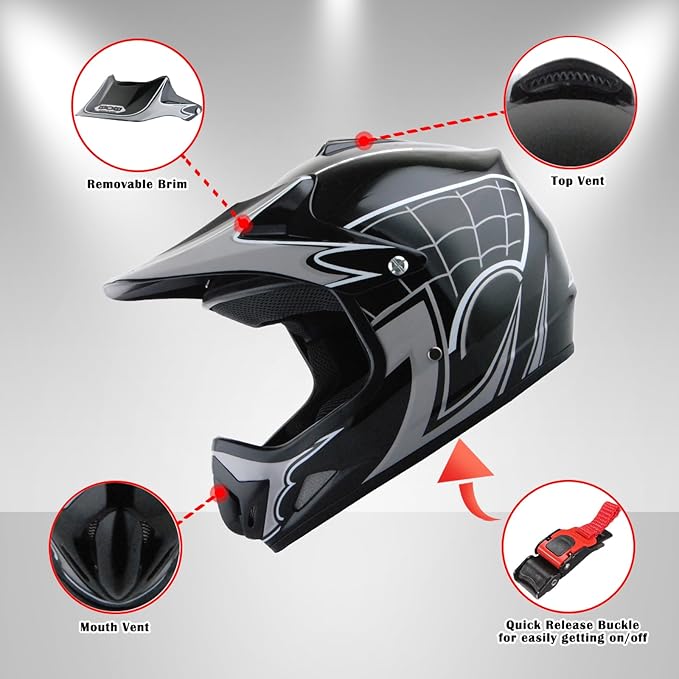 WOW Youth Kids Motocross BMX MX ATV Dirt Bike Dianosour Helmet Dragon + Goggles + Martian Youth Glove Bundle: HJOY MG Bundle