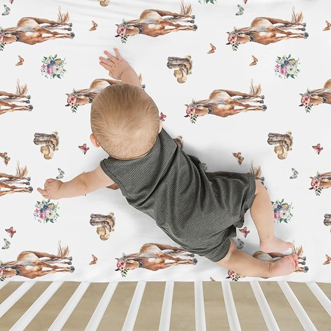 Floral Horse Cowgirl Baby Crib Sheets for Boy Girl 52x28Inch Cowgirl Boots Hat Flowers Butterflies Soft Snug Fitted Crib Mattress Cover Western Horses Baby Sheet for Standard Crib & Toddler Mattress
