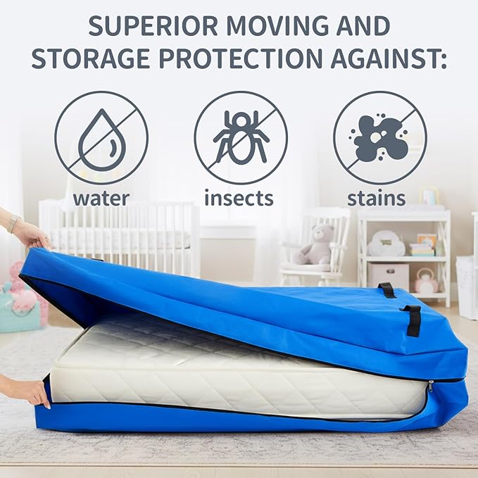 2 Pcs Oxford Cloth Waterproof Crib Mattress Storage Bag with Zipper and 8 Reinforced Handles Heavy Duty Reusable Crib Mattress Cover for Storage, 52.5 x 28 x 6.5 Inches (Blue)