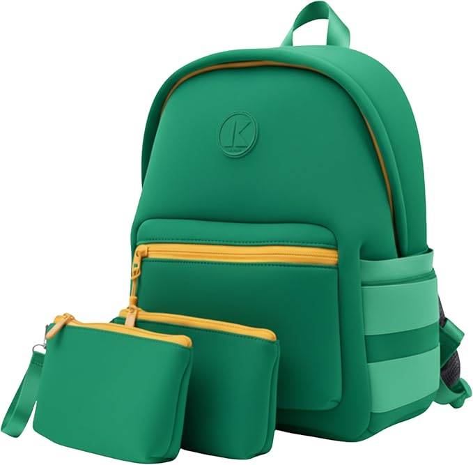 Kaywee 3pc Neoprene Kids Backpack SET with 2 zipper pouch & kids airtag holder | Elementary School backpack |Green Kids Superhero Backpack Boys and Girls Ages 3-8 Toddler airplane travel essentials