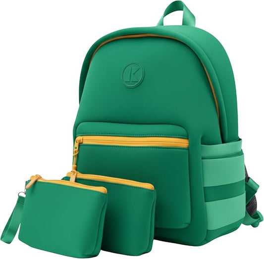 Kaywee 3pc Neoprene Kids Backpack SET with 2 zipper pouch & kids airtag holder | Elementary School backpack |Green Kids Superhero Backpack Boys and Girls Ages 3-8 Toddler airplane travel essentials