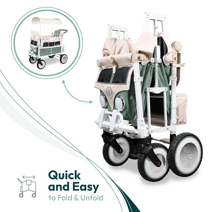 WONDERFOLD Volkswagen Double Stroller Wagon (2 Seater) - Foldable Wagon Stroller with Classic VW Bumper, Headlights, and Retro All-Terrain XL Wheels, Sage Green